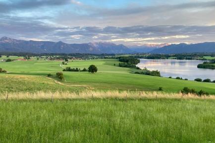 Grüne Wiesen mit See und Bergen im Hintergrund.